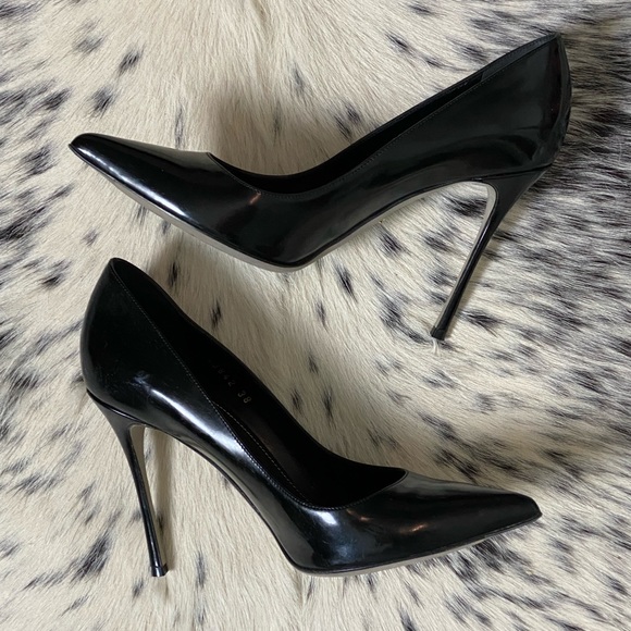 SERGIO ROSSI 105MM “GODIVA” POINTED TOE STILETTOS, SZ IT38 BLACK PATENT LEATHER - Picture 1 of 9